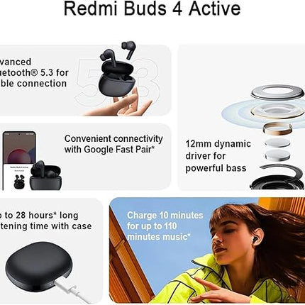 Redmi Buds 4 Active TWS Wireless Earbuds With Lightweight Design,Bluetooth