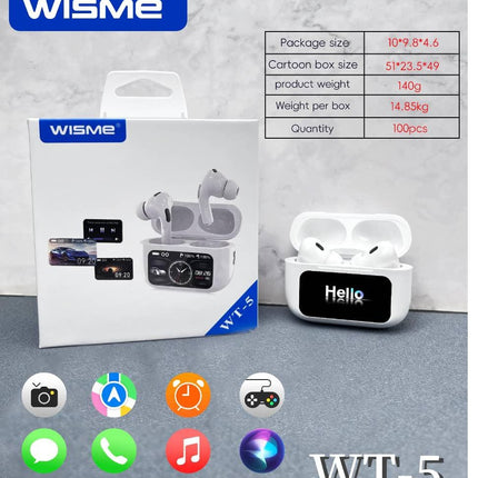 Wisme WT5 Earbuds featuring touch-sensitive controls, wireless Bluetooth technology, and a sleek AirPods-style design