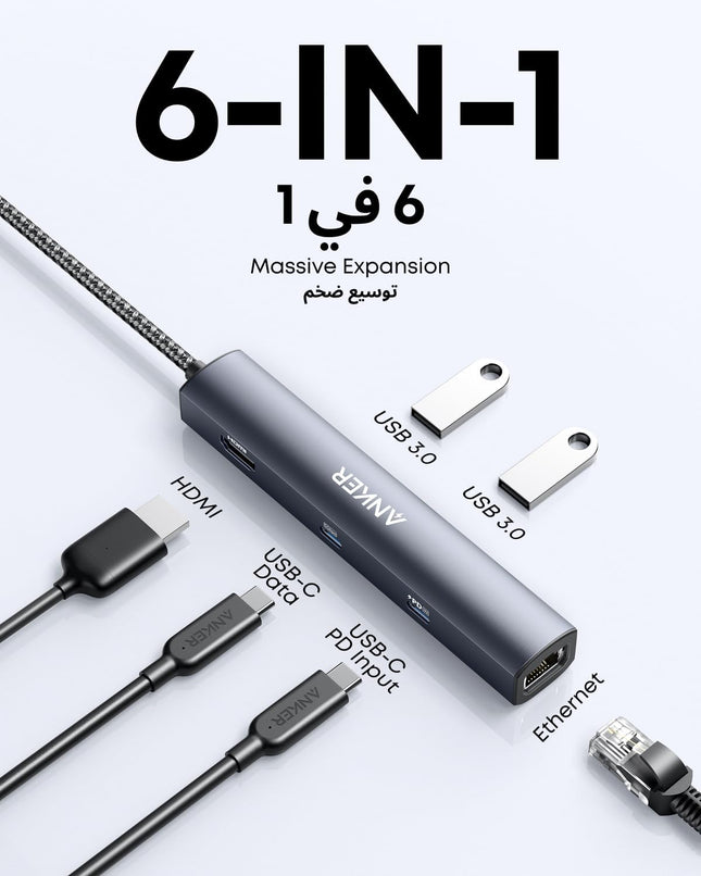 Anker USB C Hub, PowerExpand 6-in-1 USB C PD Ethernet Hub with 65W