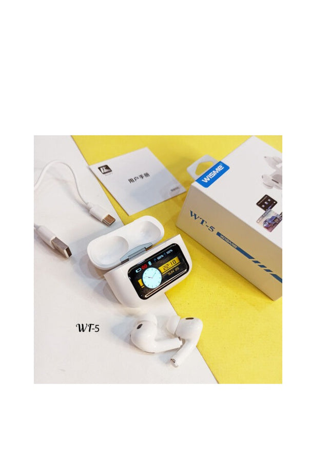 Wisme WT5 Earbuds featuring touch-sensitive controls, wireless Bluetooth technology, and a sleek AirPods-style design
