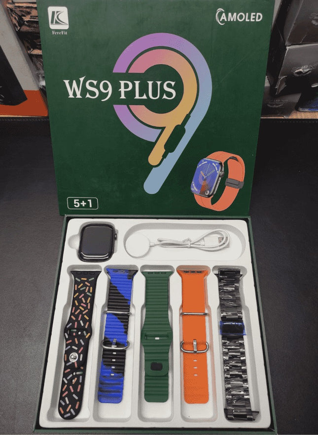 Ferefit WS9 Plus Smartwatch AMOLED Display With 5 Straps Watch Stainless Steel Watch Golden